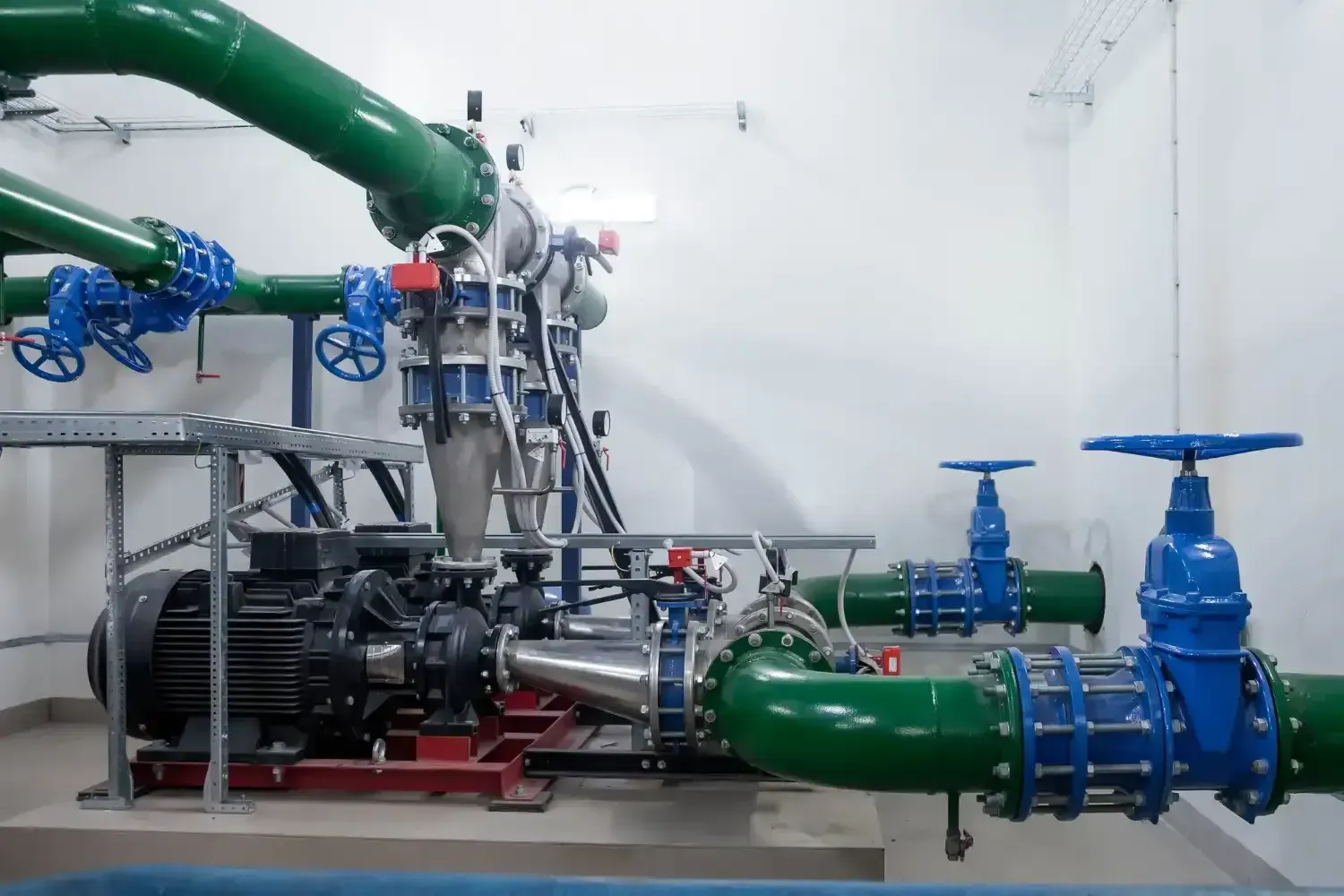 Blue pump motor on a concrete base